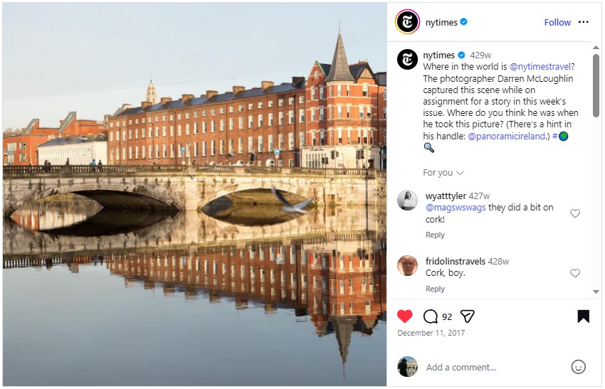 New York Times Travel Instagram post featuring photographer Darren McLoughlin
